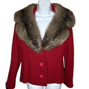 Vtg Forstmann Short Red Wool Jacket Shawl Fur Collar Measurements in Desc XS/S